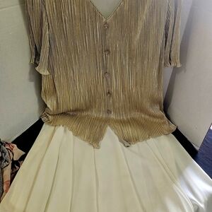 Gold Pleated Women's Top And Flowy Cream Colored Skirt